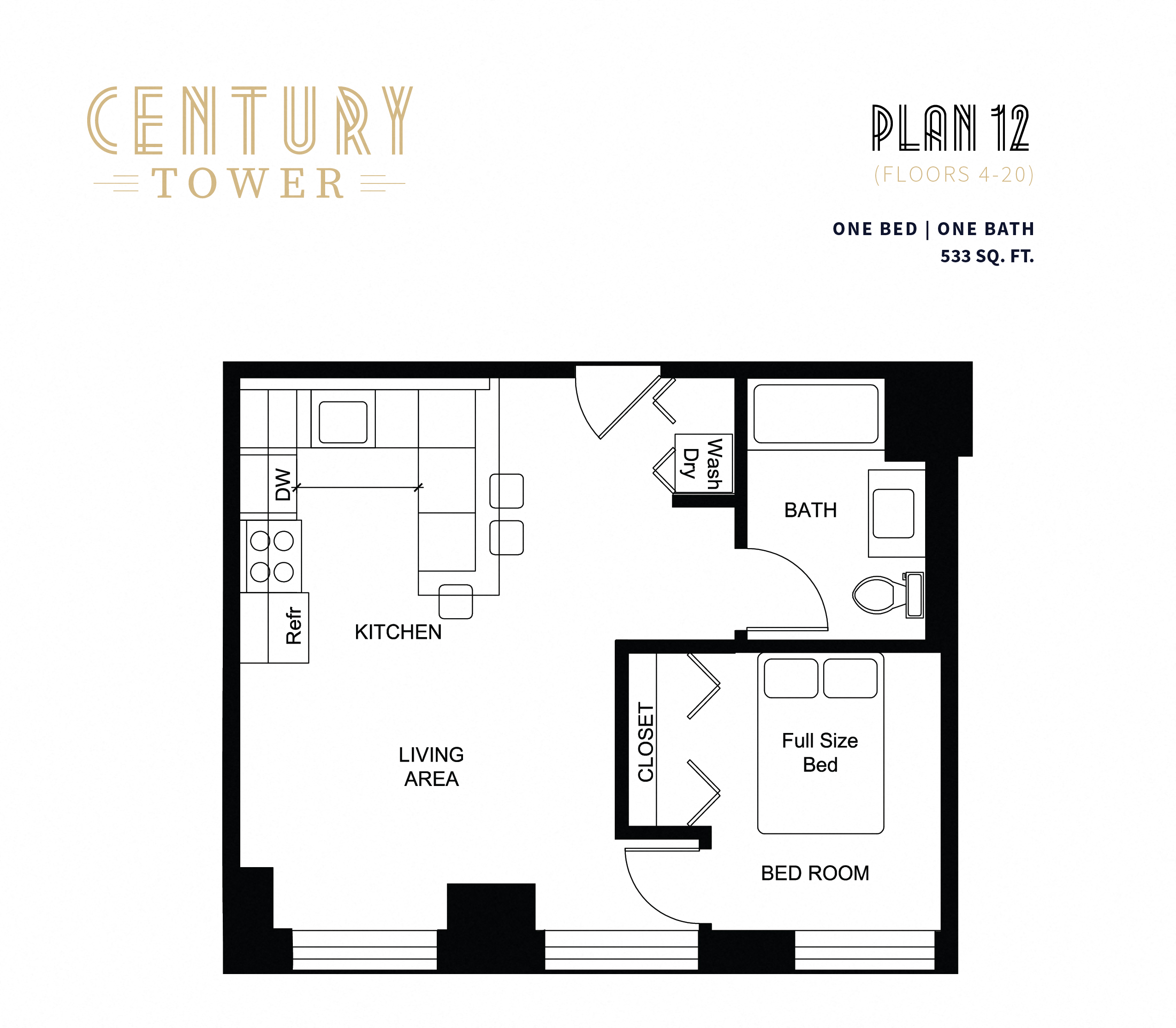 Floor plan for 1 bed, 1 bath, 533 sqft